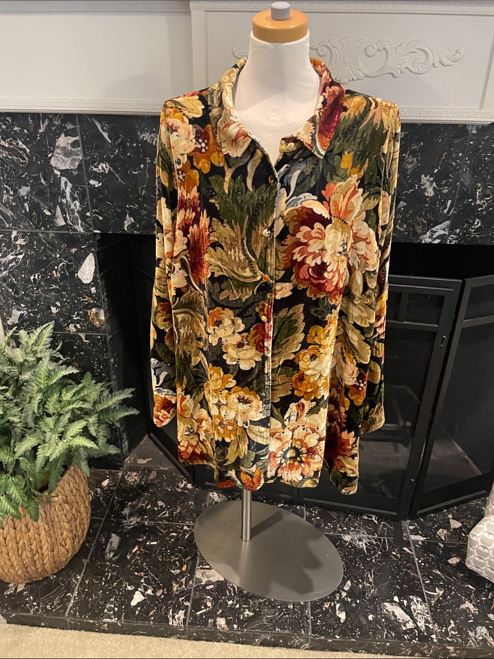Soft Surroundings Velvet Button-Down Top in Black and Gold Floral
